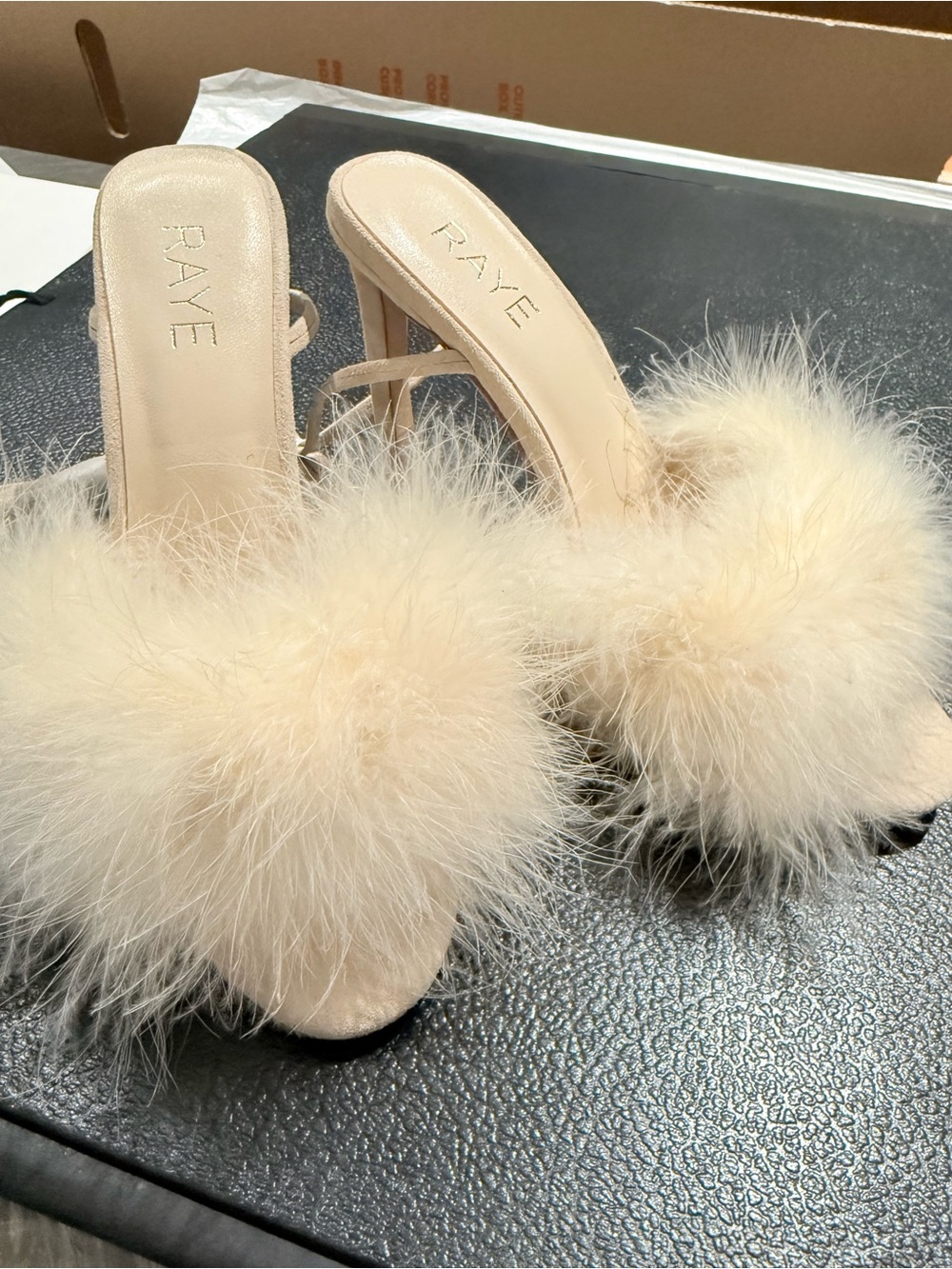 RAYE nude Suede Ankle-Tie Feather Pom High Heel Sandal NWT - Picture 2 of 6